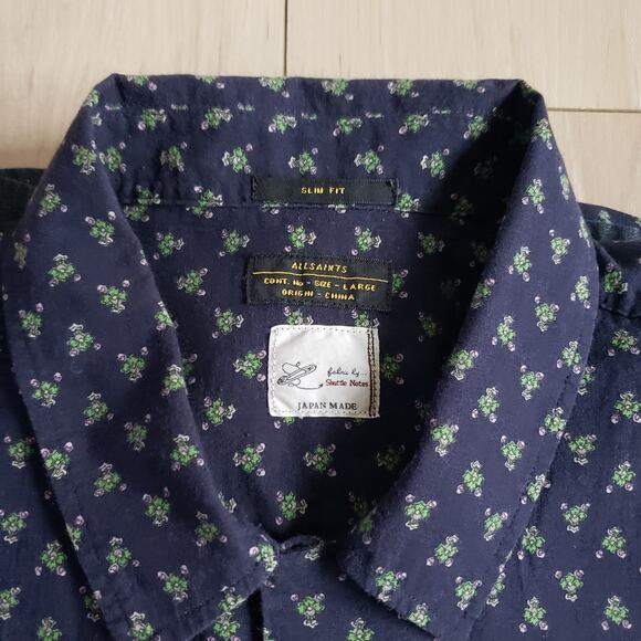 AllSaints Shirt Mens L Rikka Slim Fit Navy Hawaiian Denim Colorblock Japan Made - Picture 3 of 9